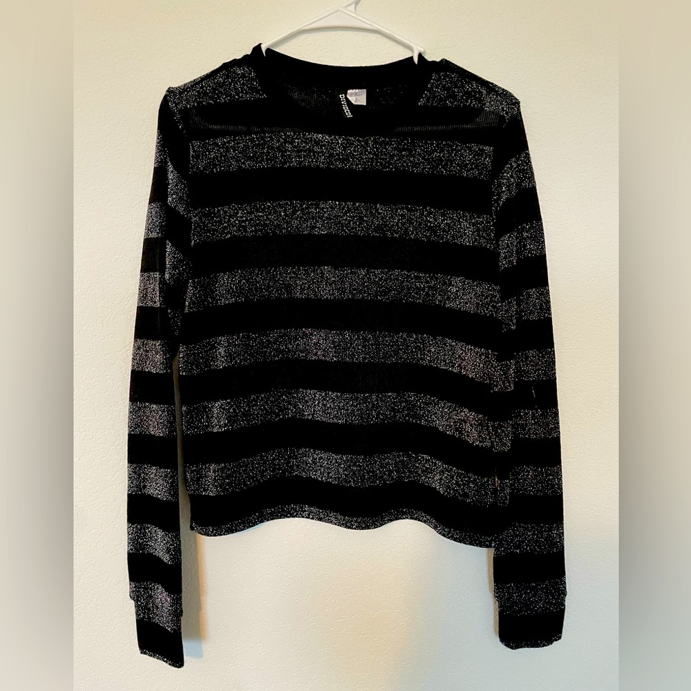 H&M Divided Sweater Sz S Black Silver Glitter Striped Long Sleeve Stretch Top